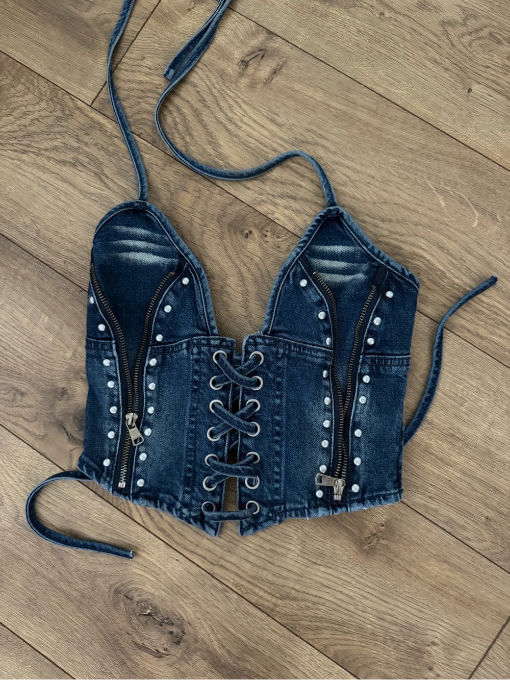 Denim Lace-Up Corset Crop Top - Dark Blue